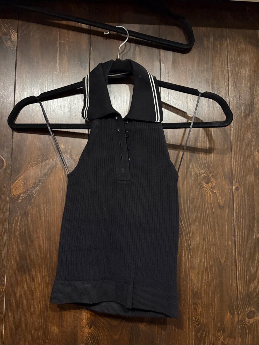 GARAGE Bare Halter Polo Top Ribbed Tank Black Medium